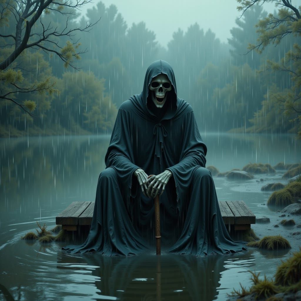 Grim Reaper Contemplates by a Serene Lake in Somber Mood