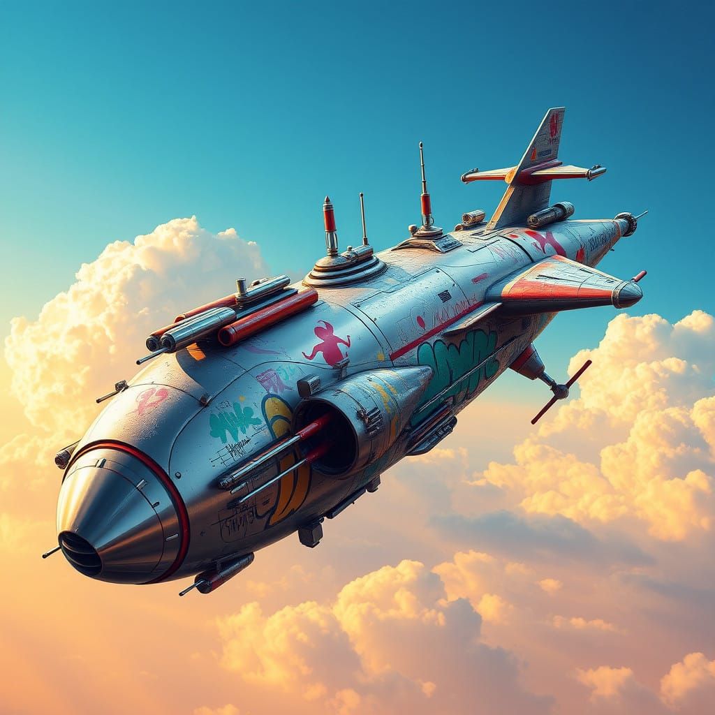 Retro-Futuristic Spaceship in Vibrant, High-Contrast Color S...