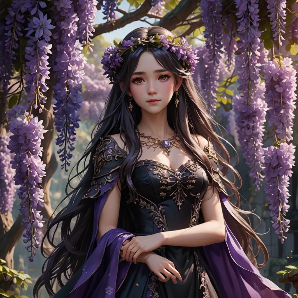 Anime Medieval Woman with Wisteria and Flower Crown
