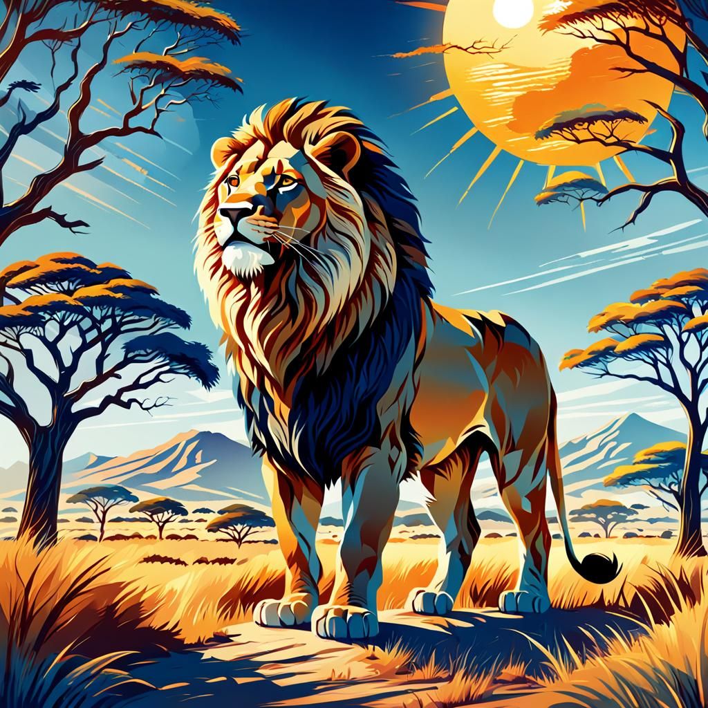 Majestic Lion in Retro African Savannah Poster