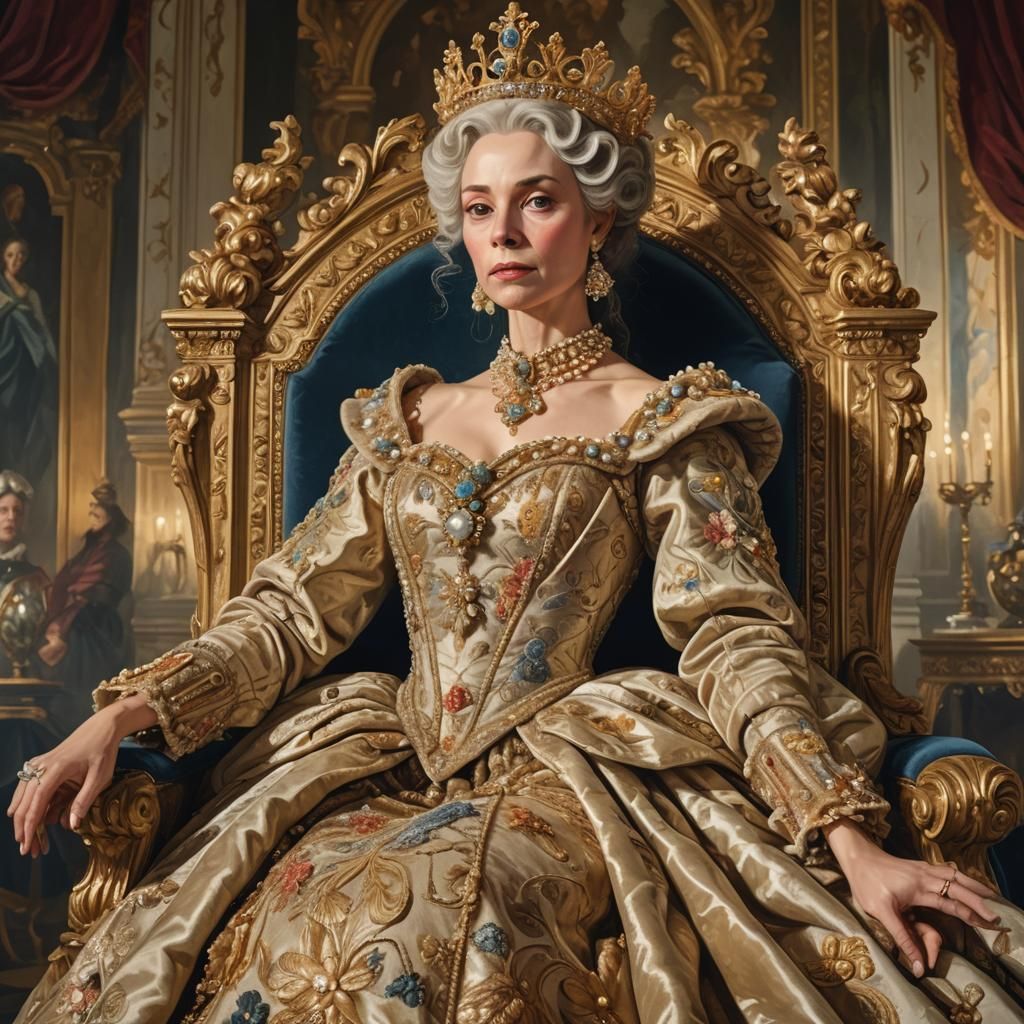 Opulent Queen in Ornate Baroque Palace