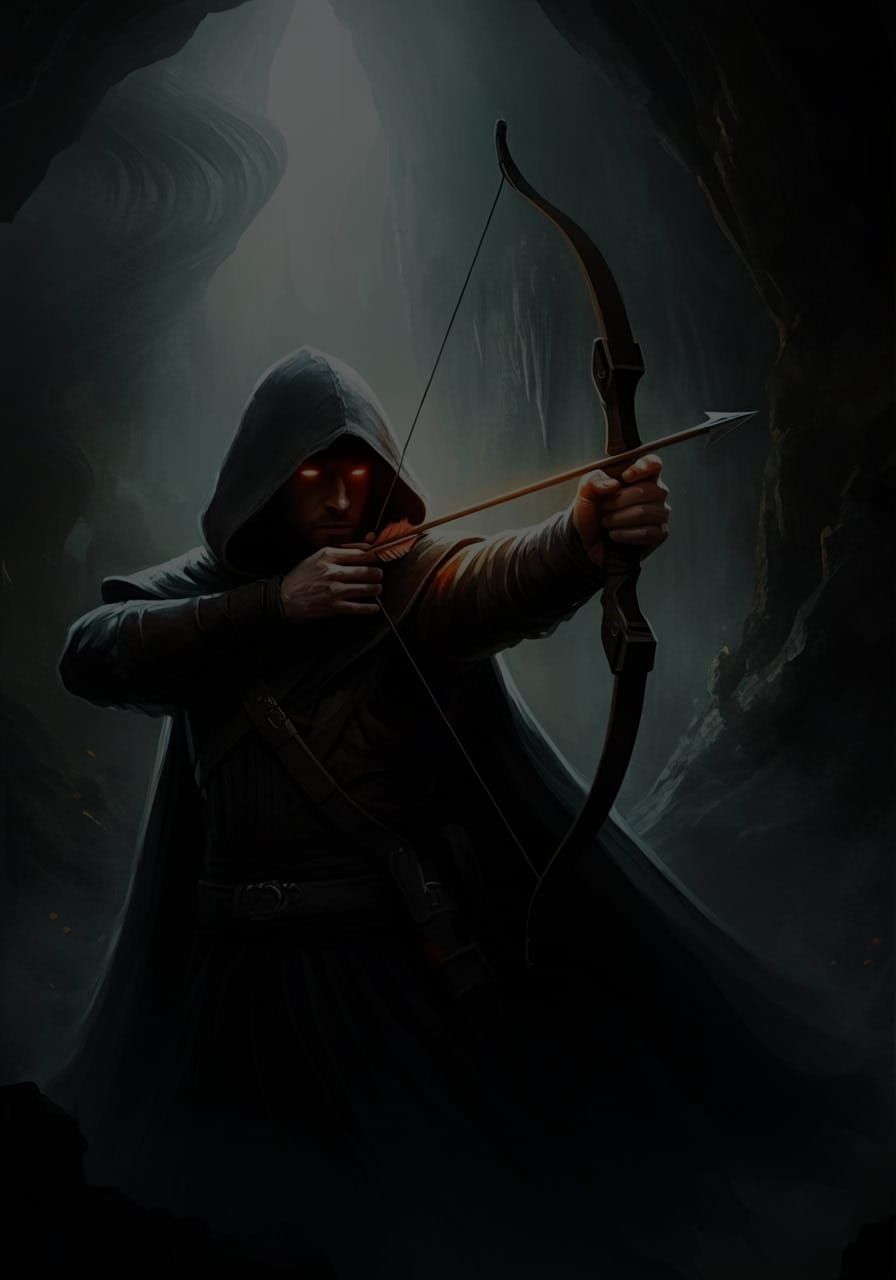 Hooded Archer in Dark Cave Silhouette