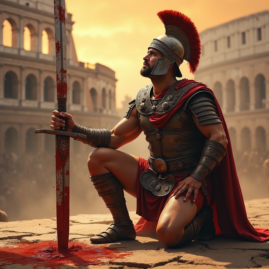 Armored Gladiator Kneeling in Colosseum, Dramatic Lighting