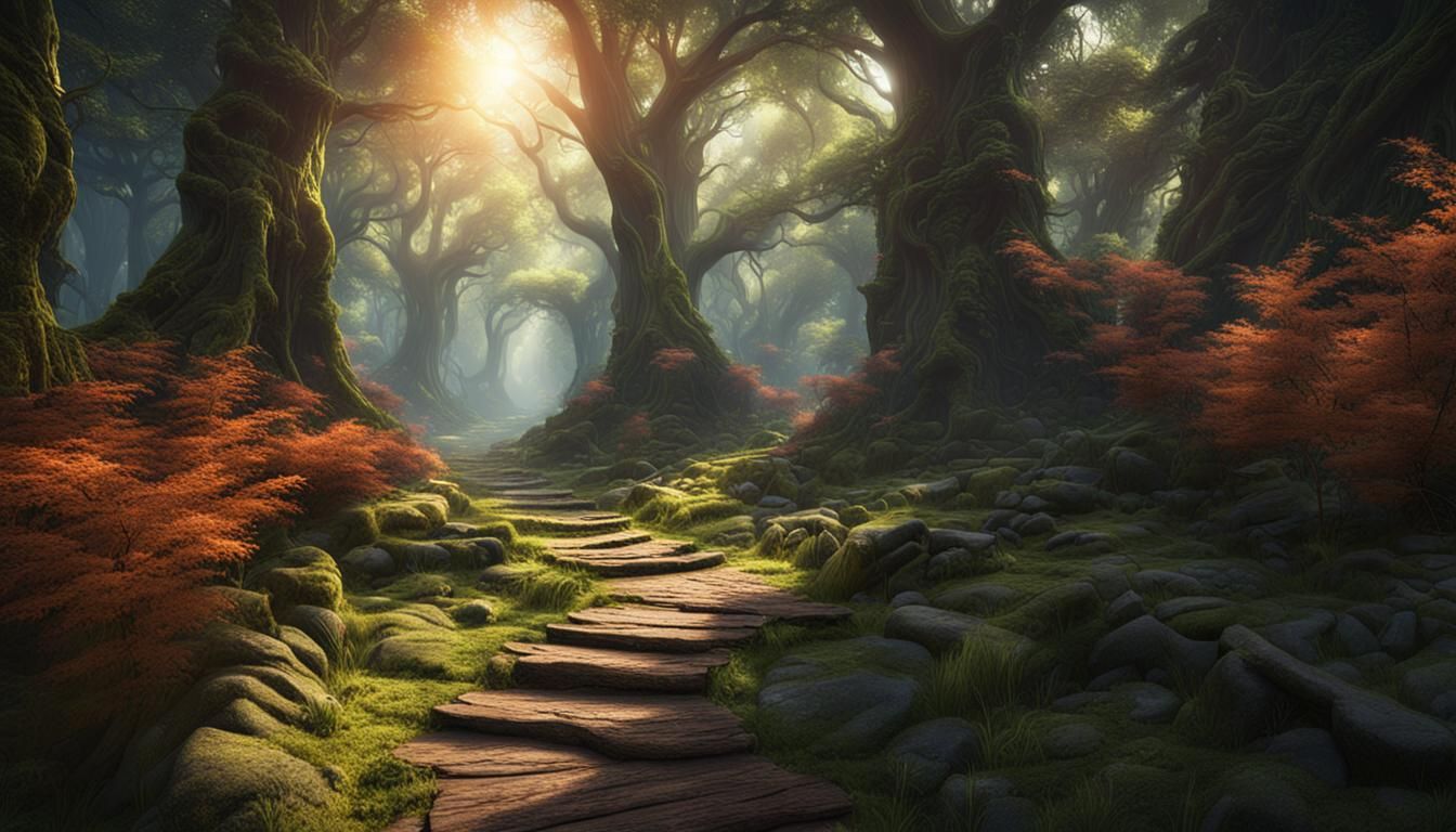 Sunlit Forest Path in Detailed Matte Painting