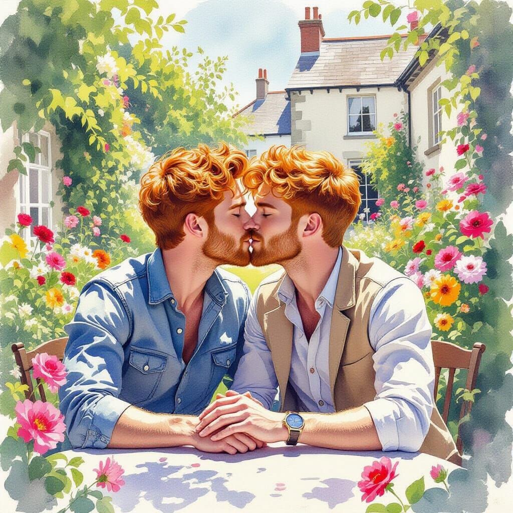 Romantic Kiss Between Two Irish Men in Garden