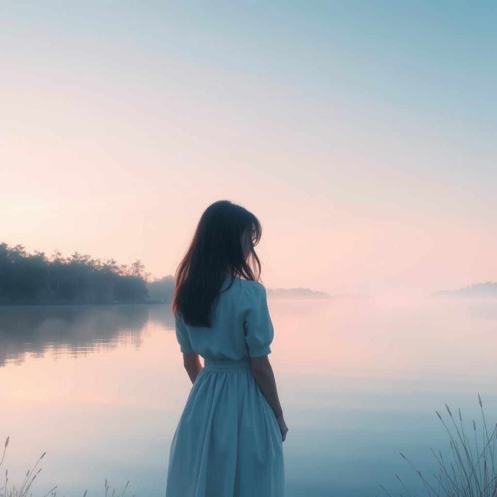 Serene Woman at Lake Sunrise in Watercolor Style