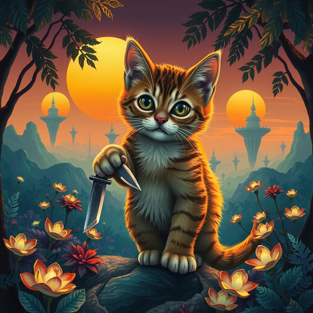 An adorable, giant anthropomorphic kitten with a sharp knife clenched in his right paw traverses a vibrant, alien forest...