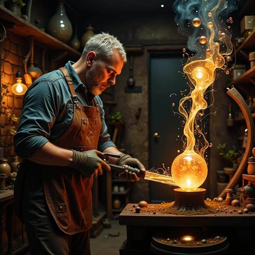 Glassblower Shaping Molten Glass with Enchanted Craft