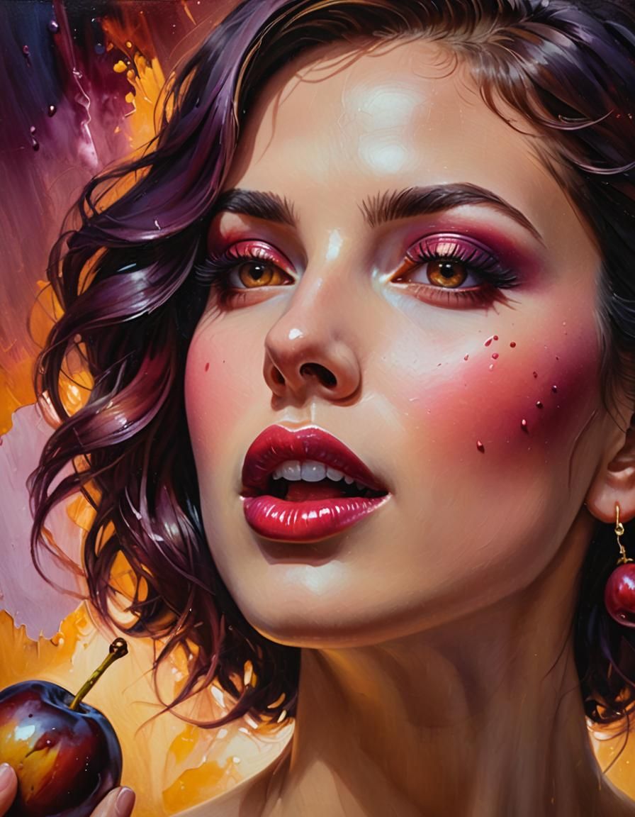 Woman and Plum: Vibrant Oil Painting Close-Up