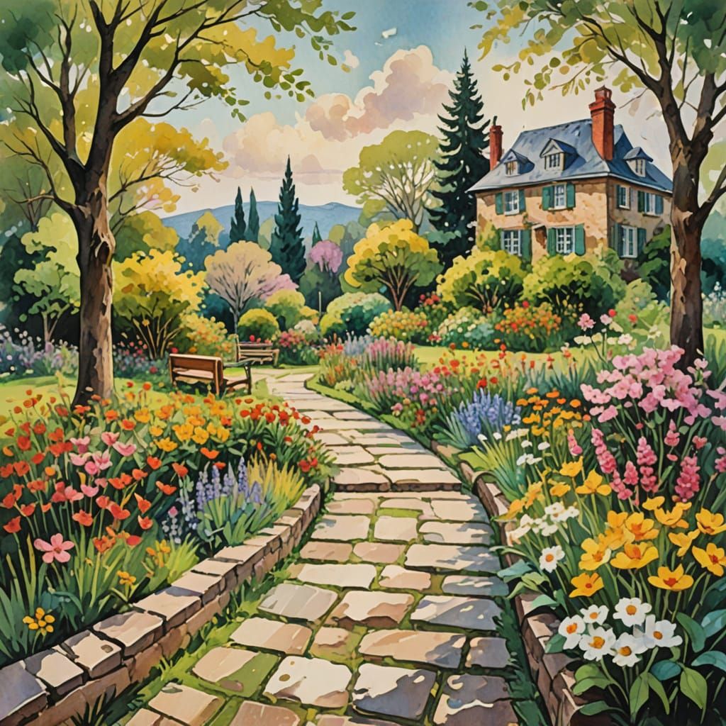 Springtime English Garden Masterpiece in Impressionist Style