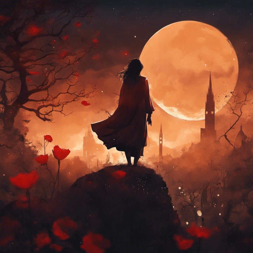 Surreal Nighttime Fantasy Village Under BloodMoon