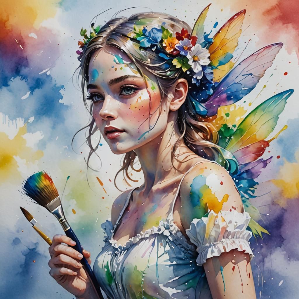 Fairy Creates Rainbow with Watercolor Effect