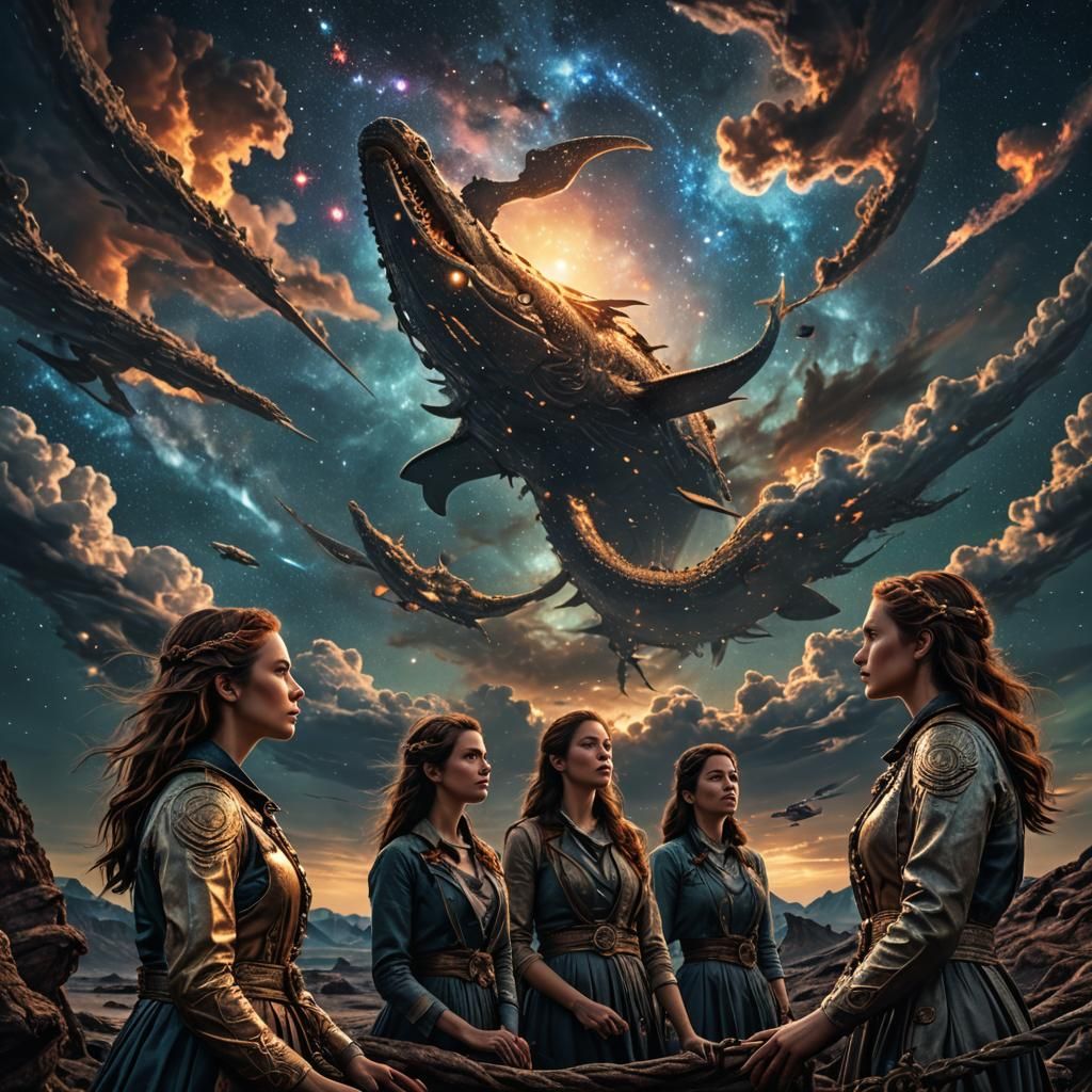 Hyperrealistic Leviathan Girls in Cosmic Sky