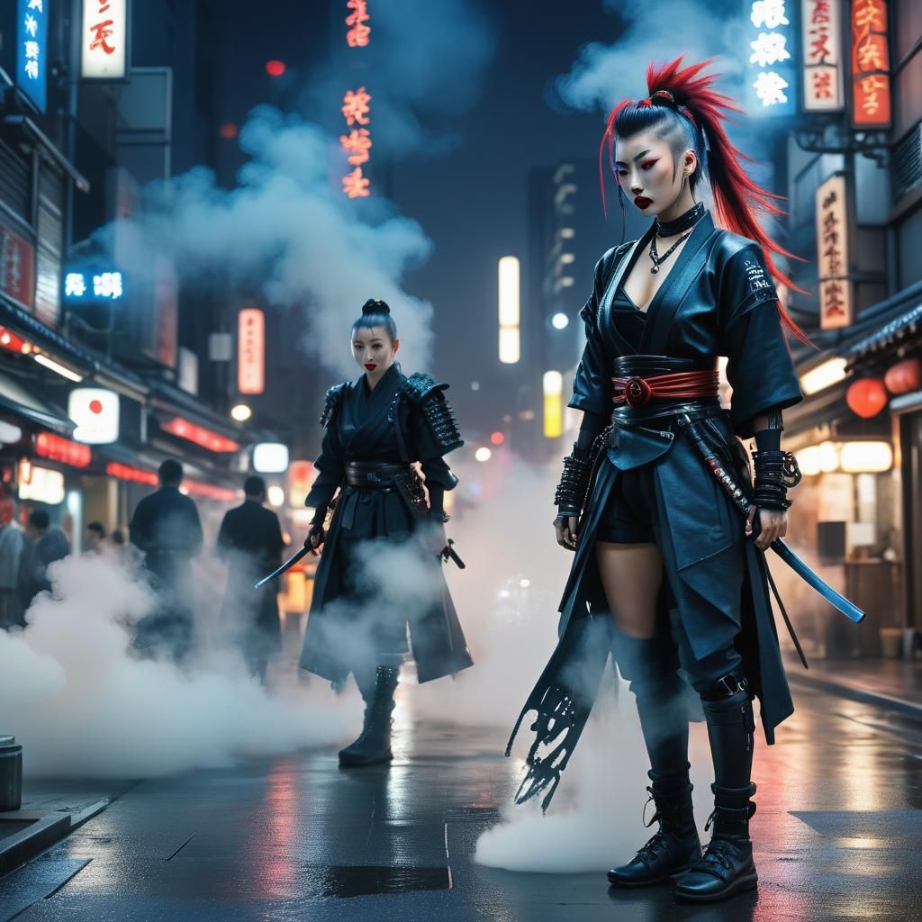Cyberpunk Samurai with Neon Lights and Mist