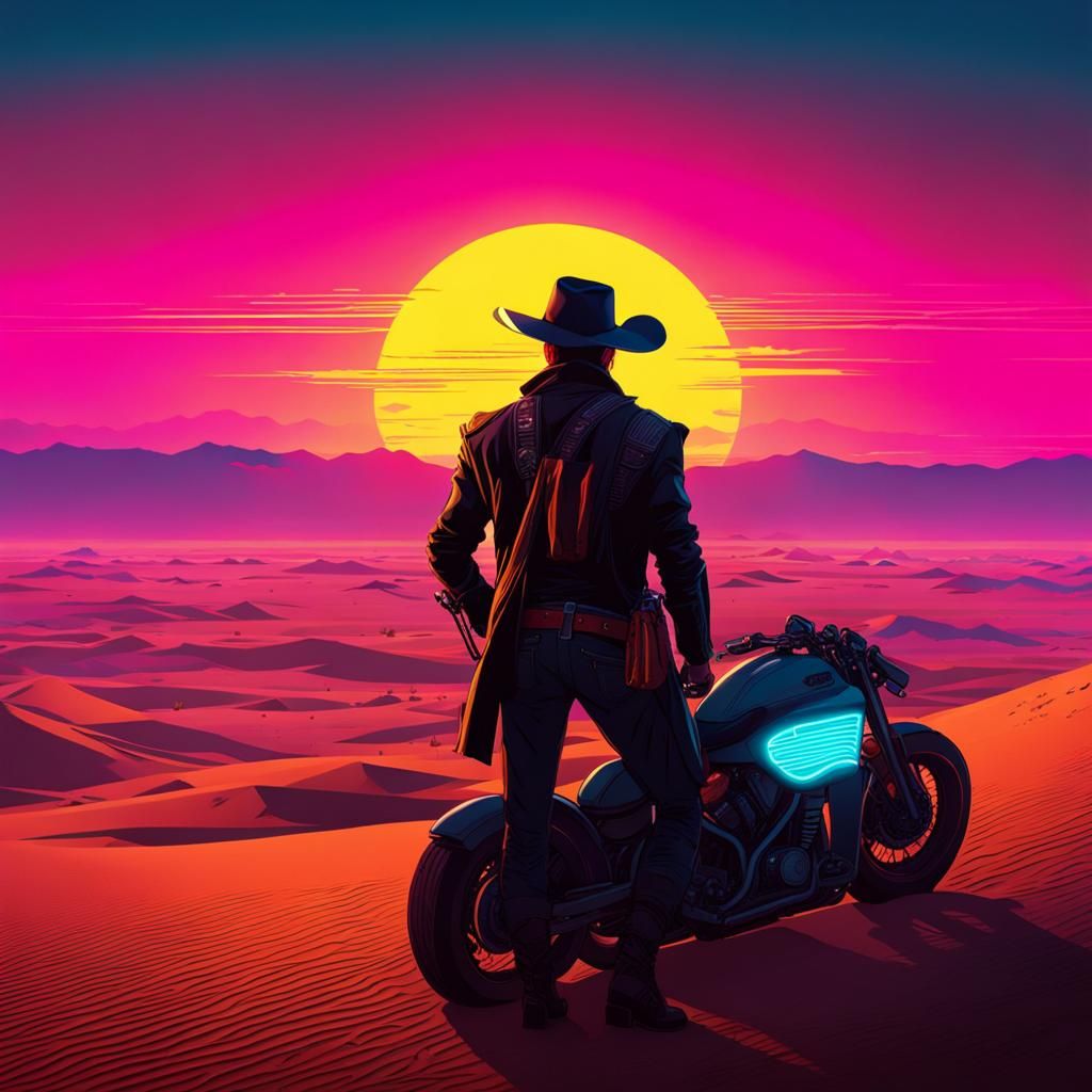 Cowboy Sunset in Desert: Cyberpunk 2099 Style