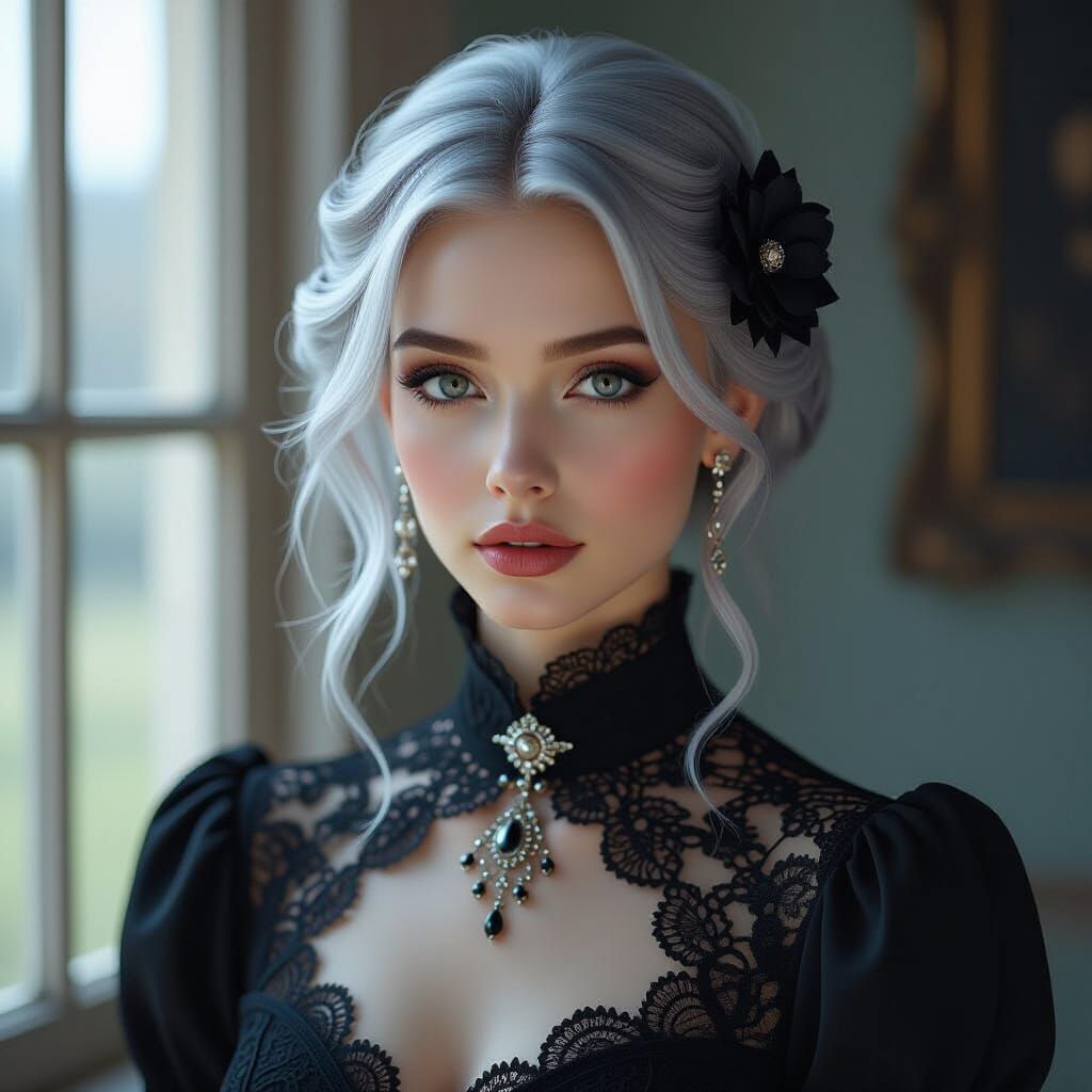 Photorealistic Portrait of a Woman with Silver Hair