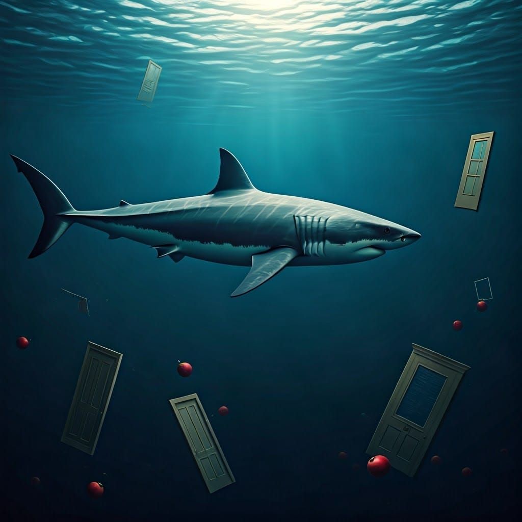 Surrealist Megalodon Glides Through Gravity-Defying Ocean