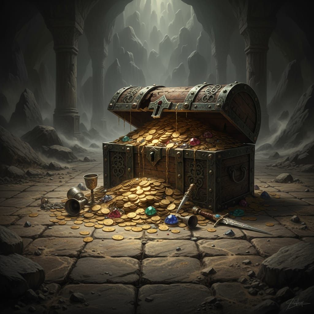 Treasure Chest Overflowing with Gold in Moody Cavern