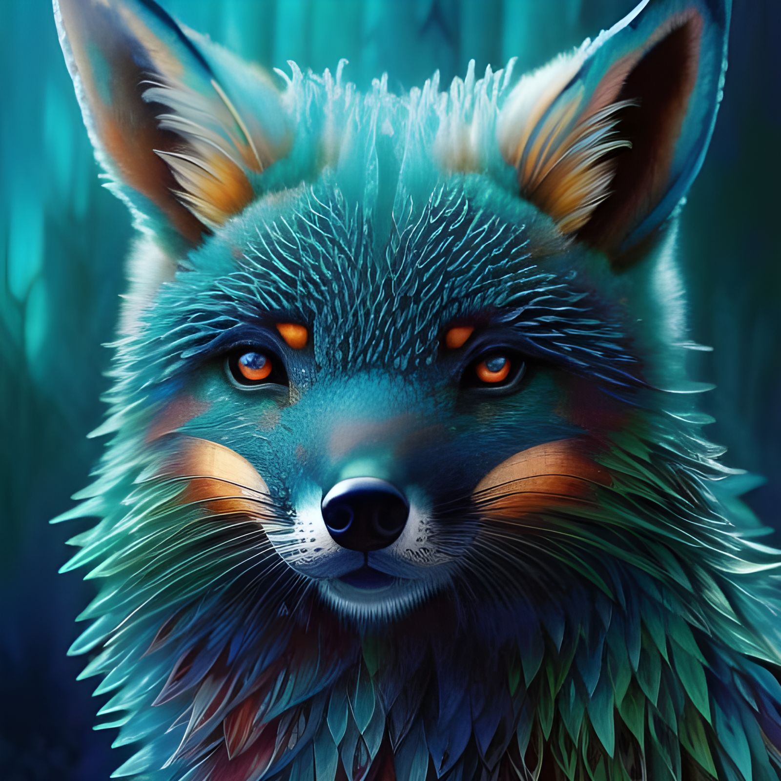 Chibi Teal Fox Portrait in Detailed Gouache Style