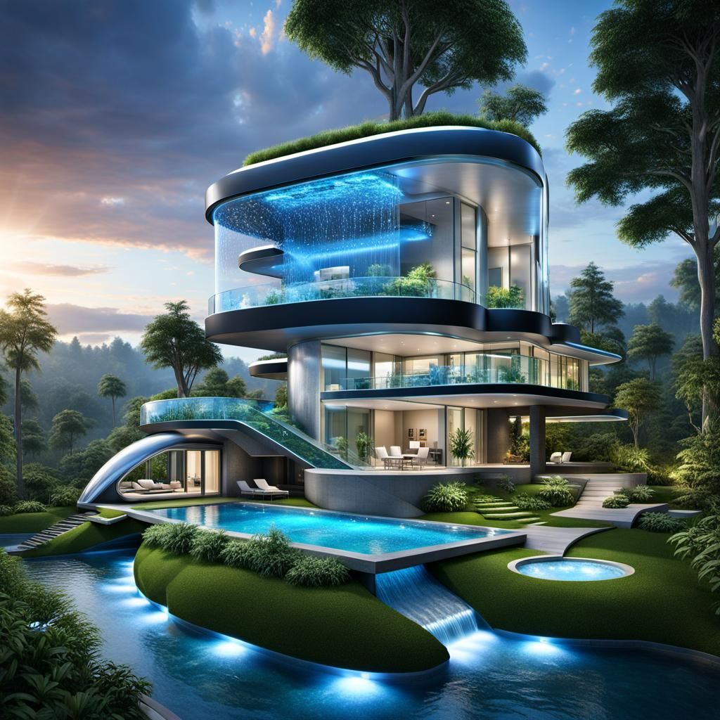 Futuristic Eco-Friendly Dream House with Indoor Waterfall