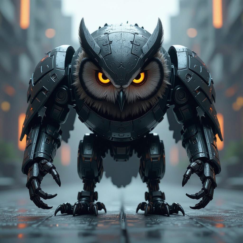 Armored Owl Logo with Mechanical Limbs in Sci-Fi Style