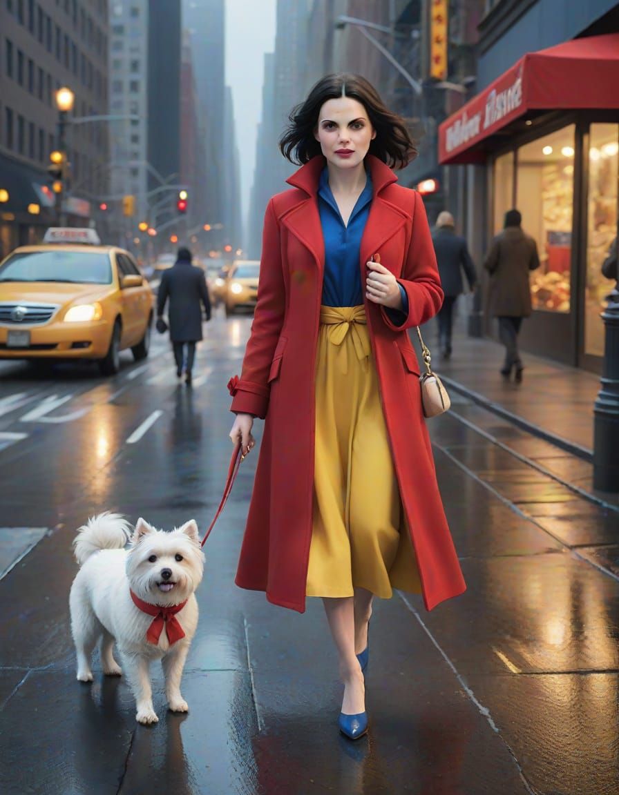 Snow White Strolls New York City with Her Faithful Companion