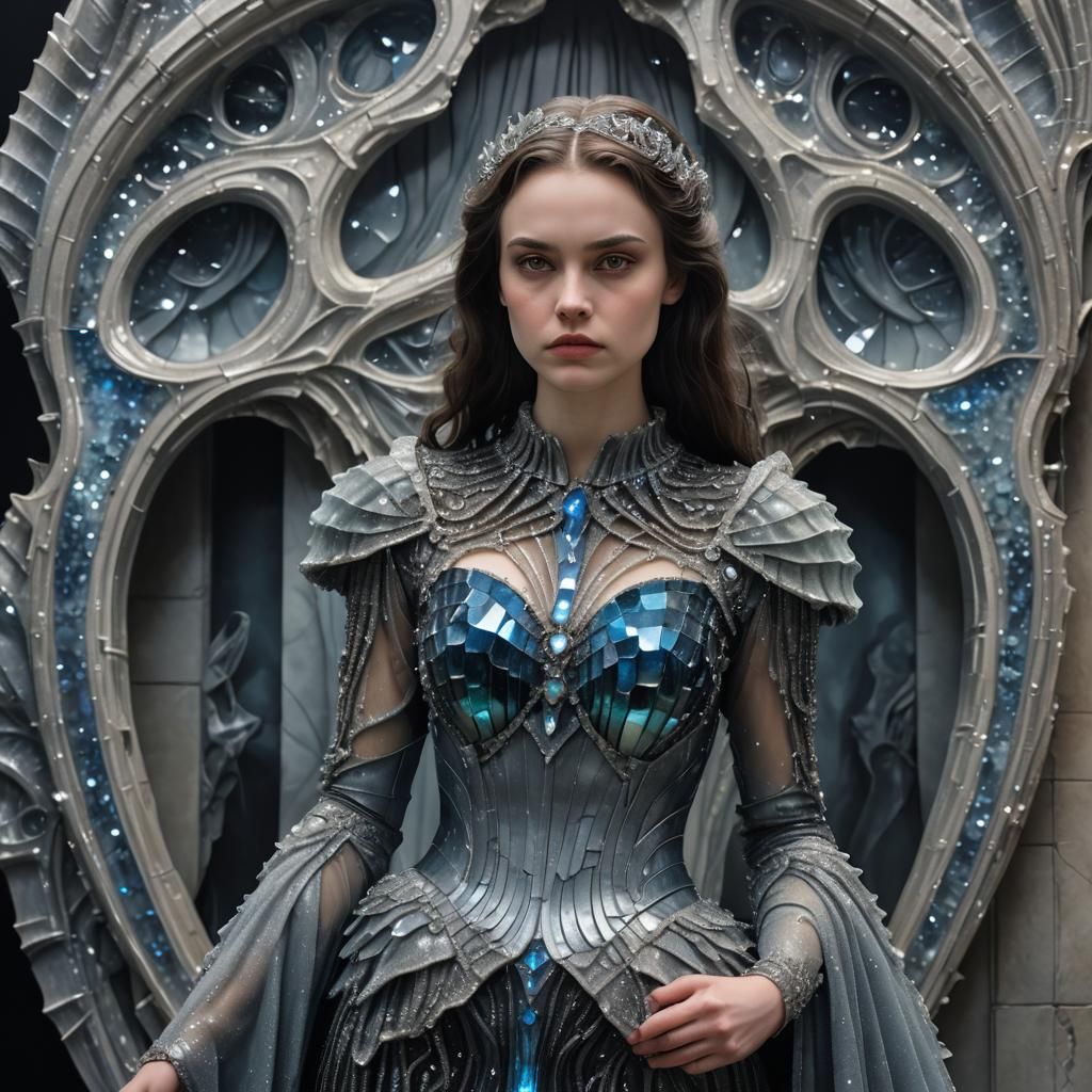 Sci-Fi Woman in Crystal Dress, Giger-Inspired Sculpture