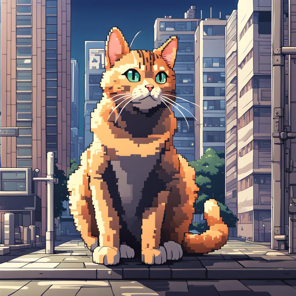Pixel Art Cat in Anime Style Cityscape