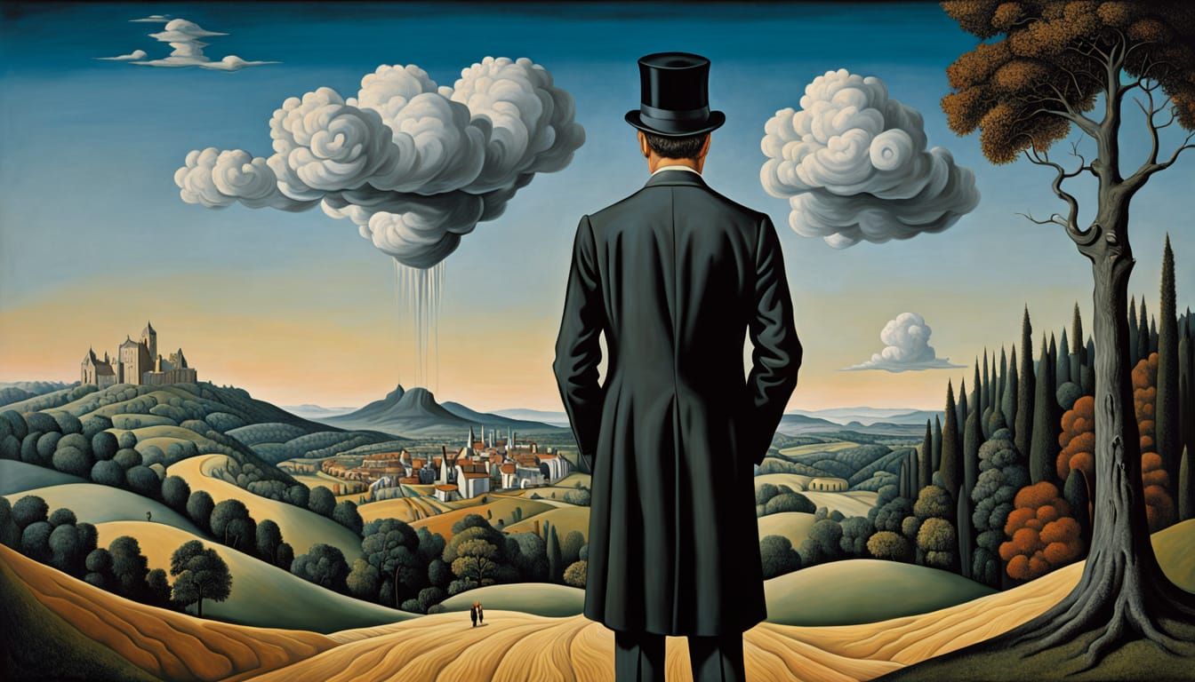 Belgian Surrealist Man in Melting World, Oil Painting