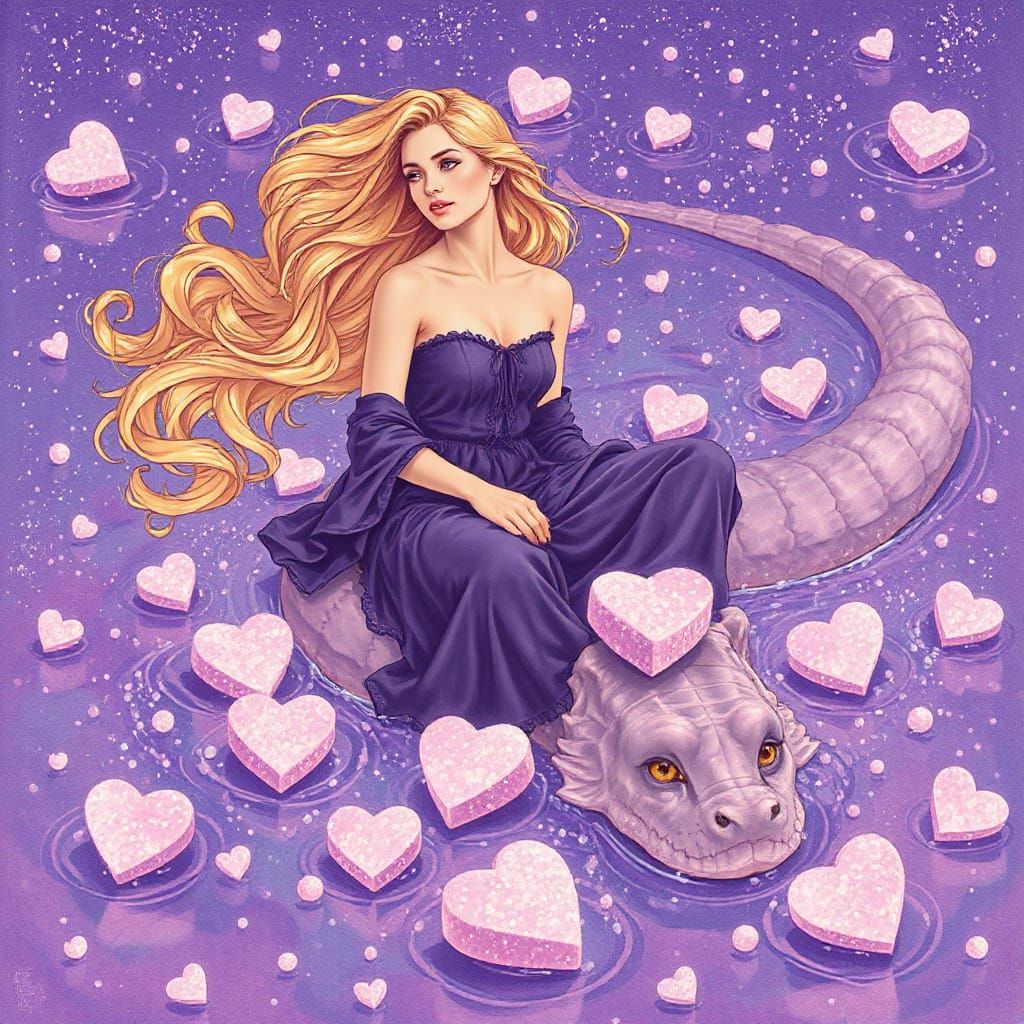 Woman on Gummy Serpent in Purple Soda Sea