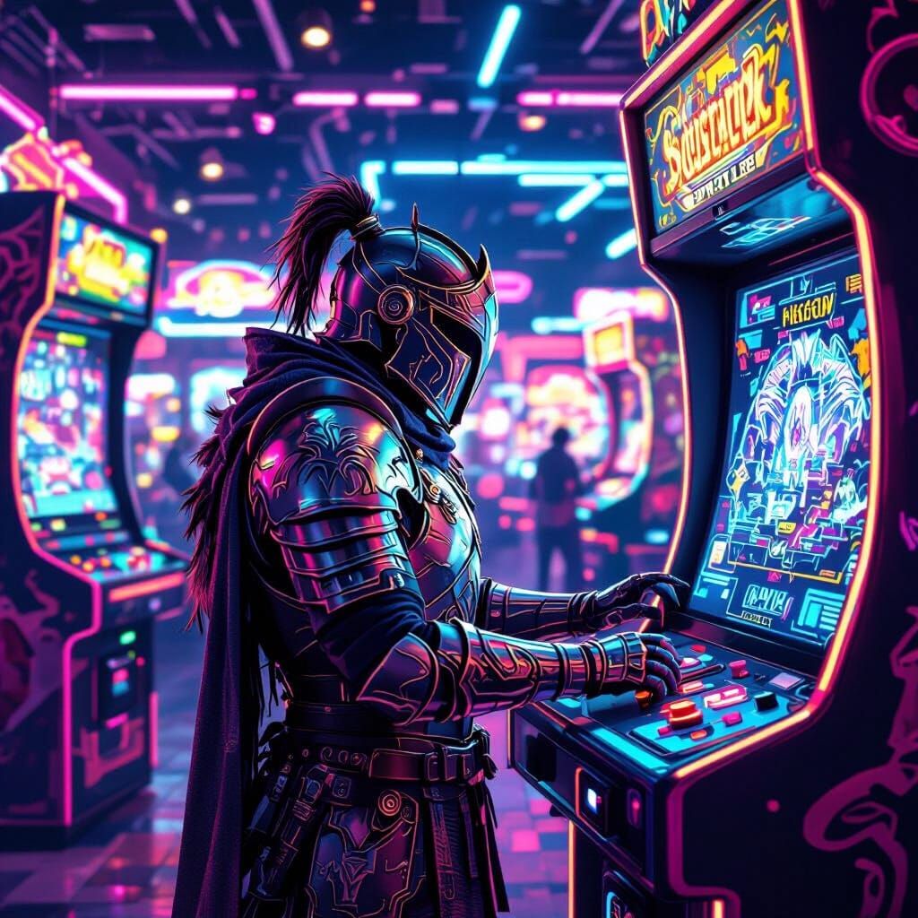 Dragonknight at Neon Arcade, Frazetta & Stalenhag Style