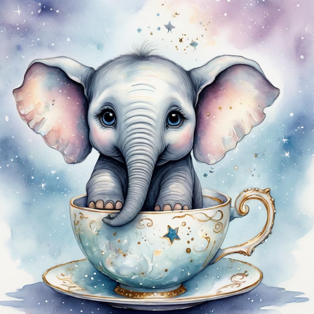Enchanting Elephant in Teacup Watercolor Illustration