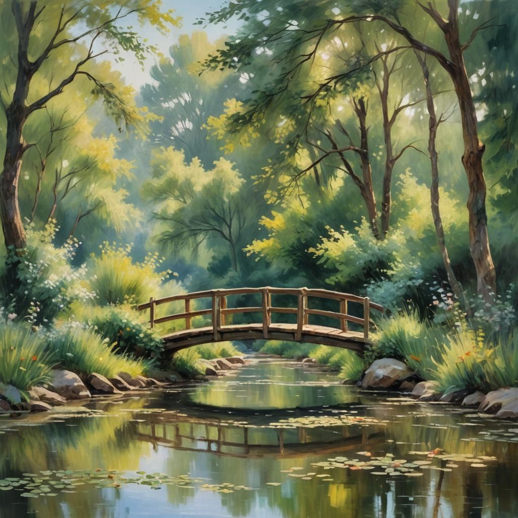 Impressionist Landscape with Stream and Bridge
