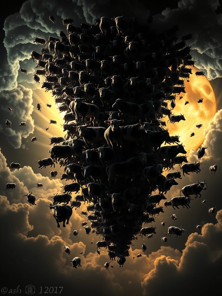 Cow Tornado with Bioluminescent Clouds in Hyperrealistic Sty...