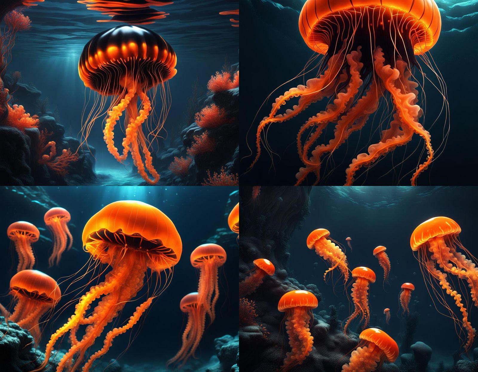Orange Jellyfish in Black Ocean Depths