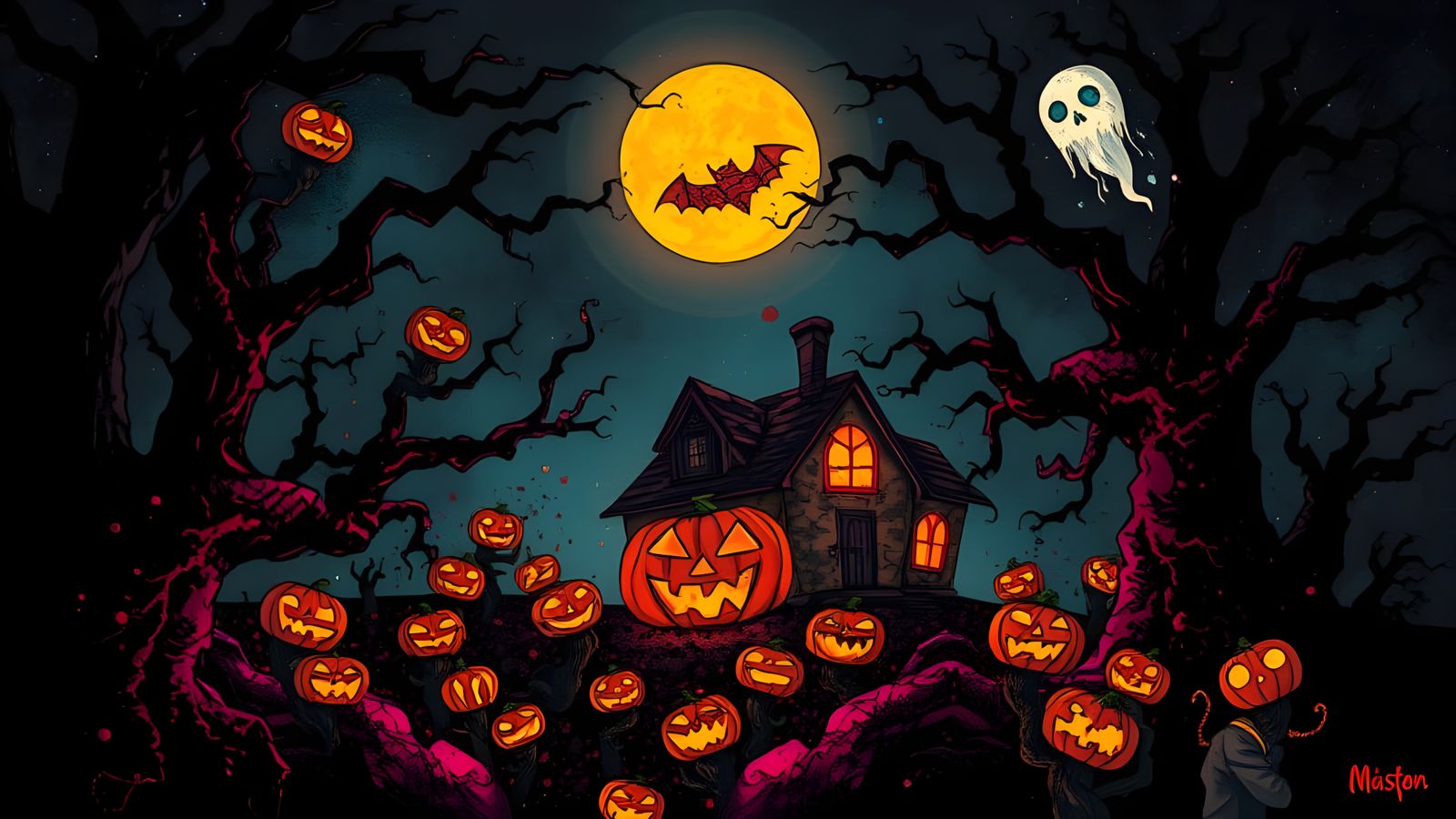 Halloween Landscape in Bold Ink Splatter Art