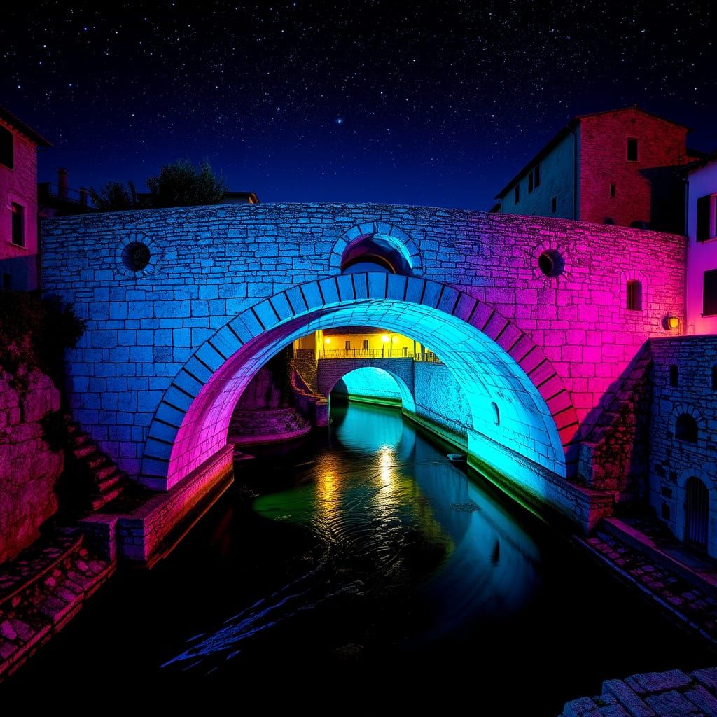Ancient Stone Bridge in Vibrant Retro-Futuristic Atmosphere