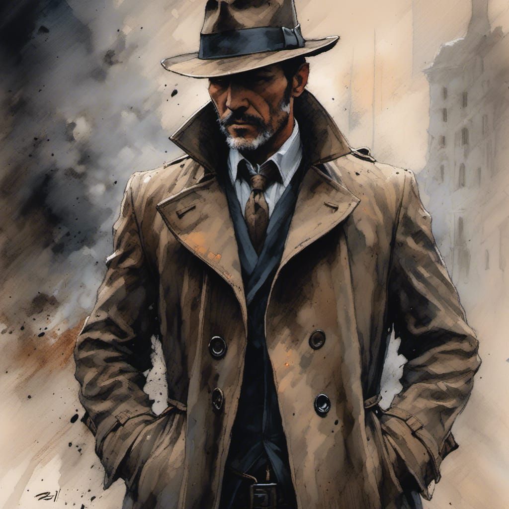 Detective Inspects Crime Scene in Comic Art Style