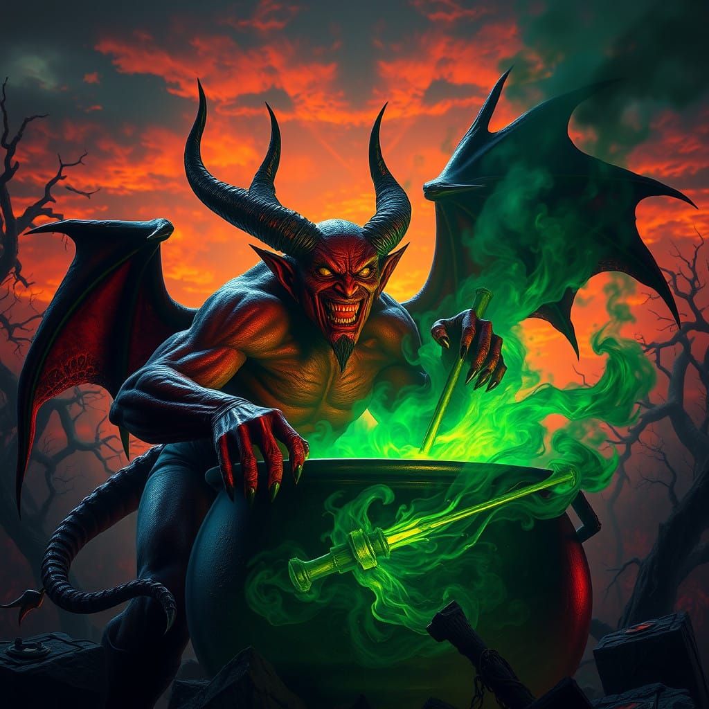 Malevolent Devil Stirs Cauldron of Darkness in Fiery, Orange...