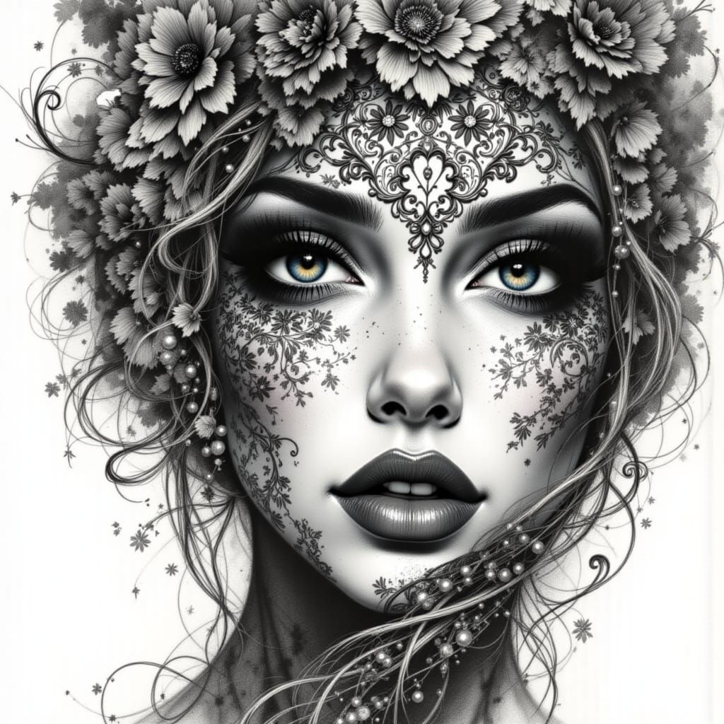 Elegant Charcoal Drawing of Woman with Floral Ornamentation