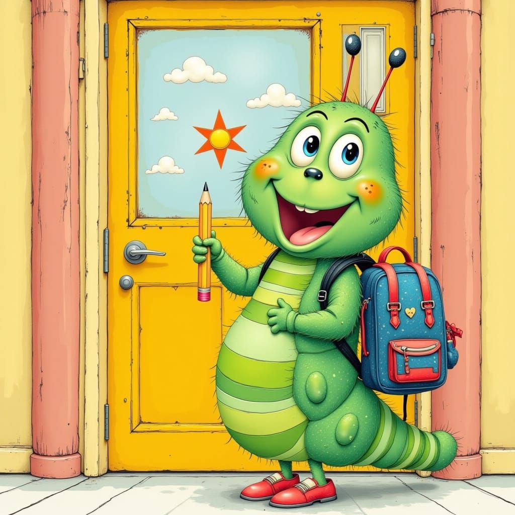 Excited Caterpillar's First Day of School