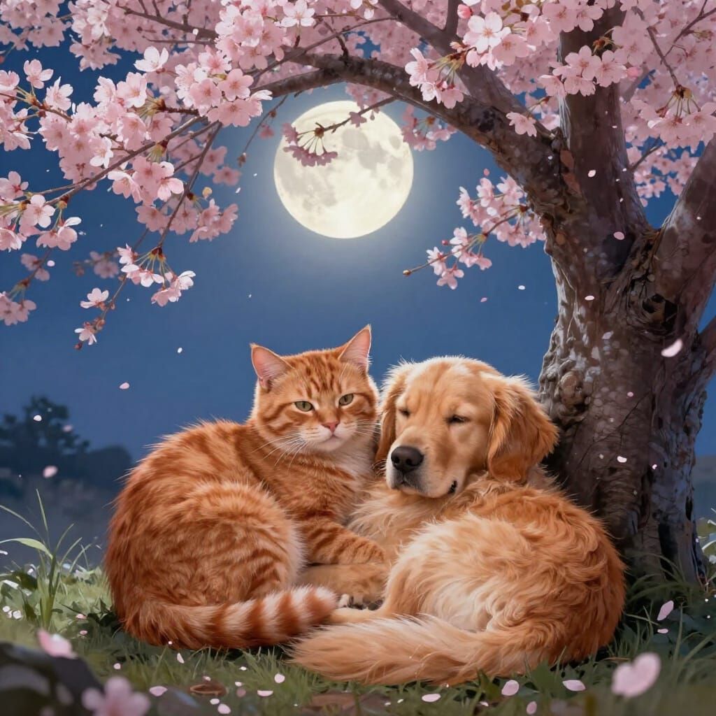 Cat and Dog Dream Under Cherry Blossoms Watching Moon