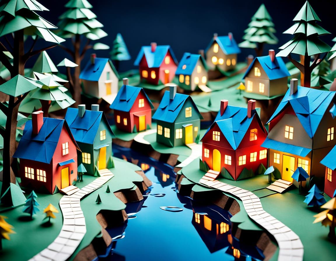 Whimsical Papercraft Village in Bright Colors
