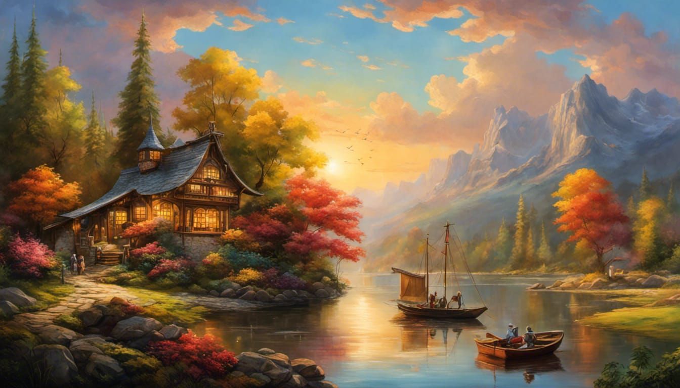 Treehouse with Waterslide at Mountain Lake, Impressionist St...