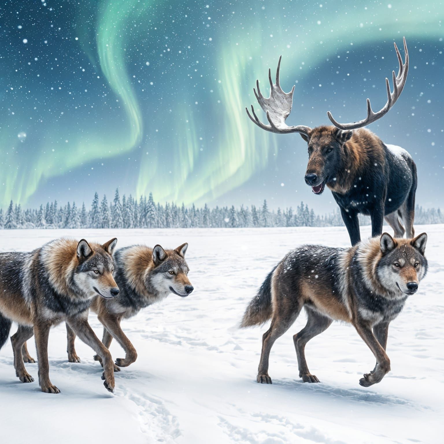 Arctic Wolves Encounter Moose Under Northern Lights