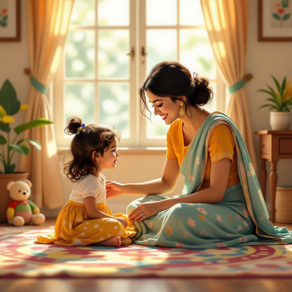 Mother Gently Wakes Indian Daughter in Sunlit Room