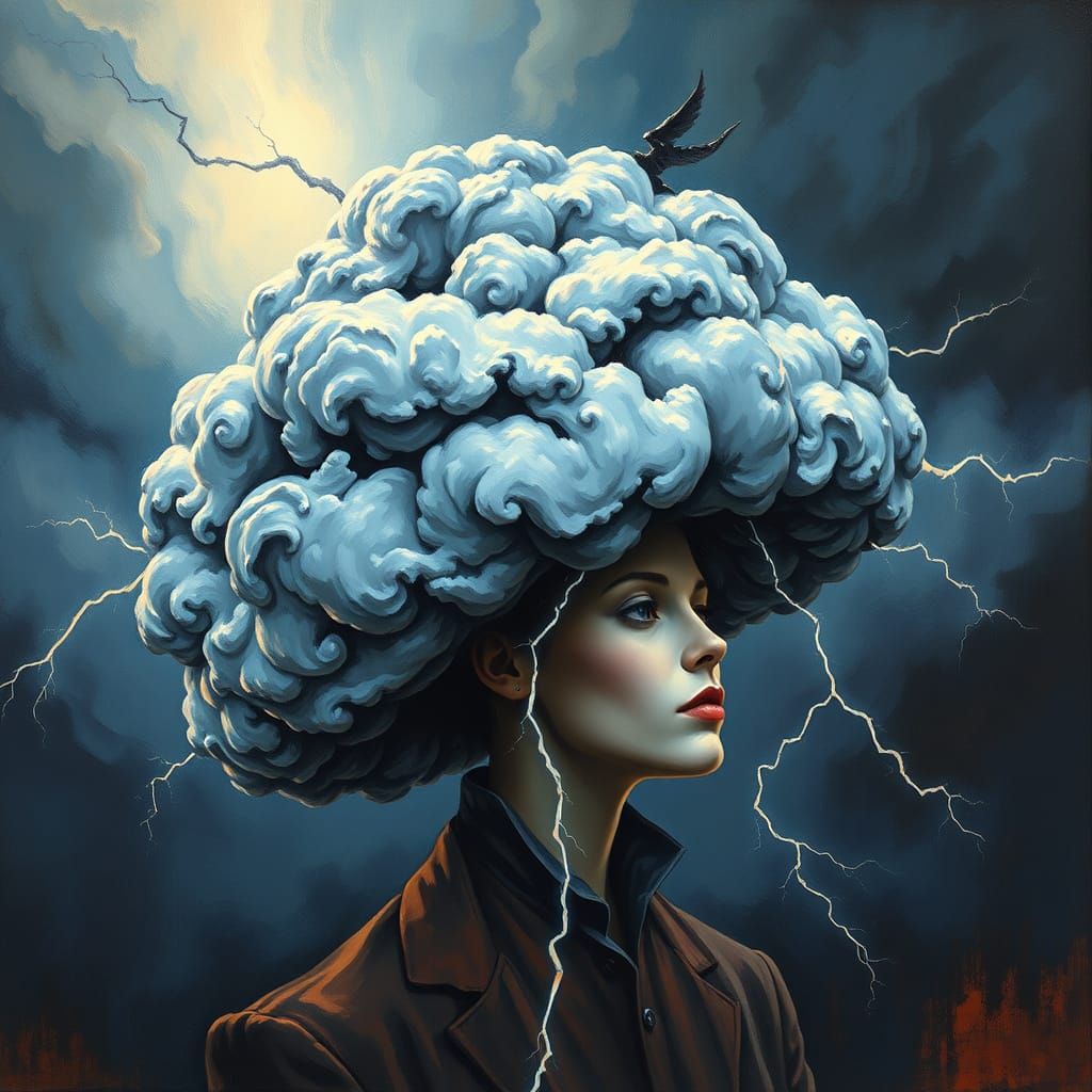 Storm Cloud Hat with Lightning, Surreal Art Style