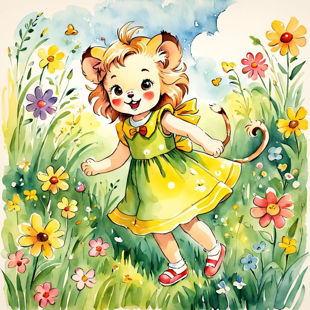 Playful Lion Cub in Watercolor Style