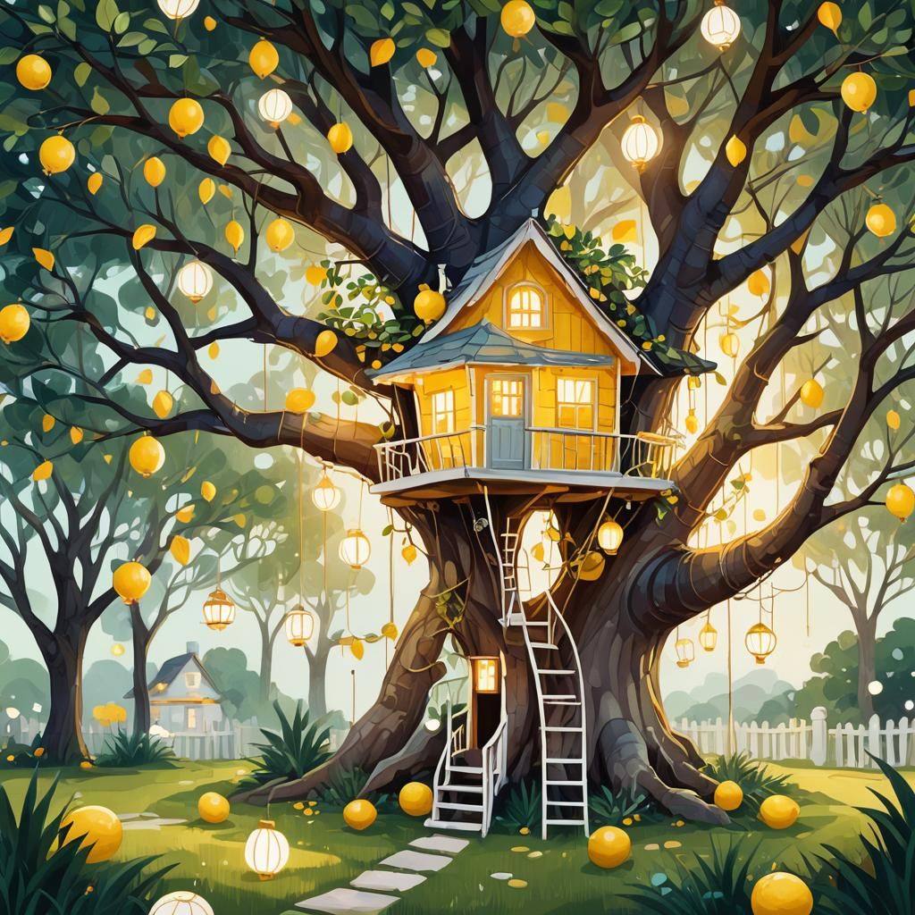 Whimsical Treehouse Illustration with Lemon Tree