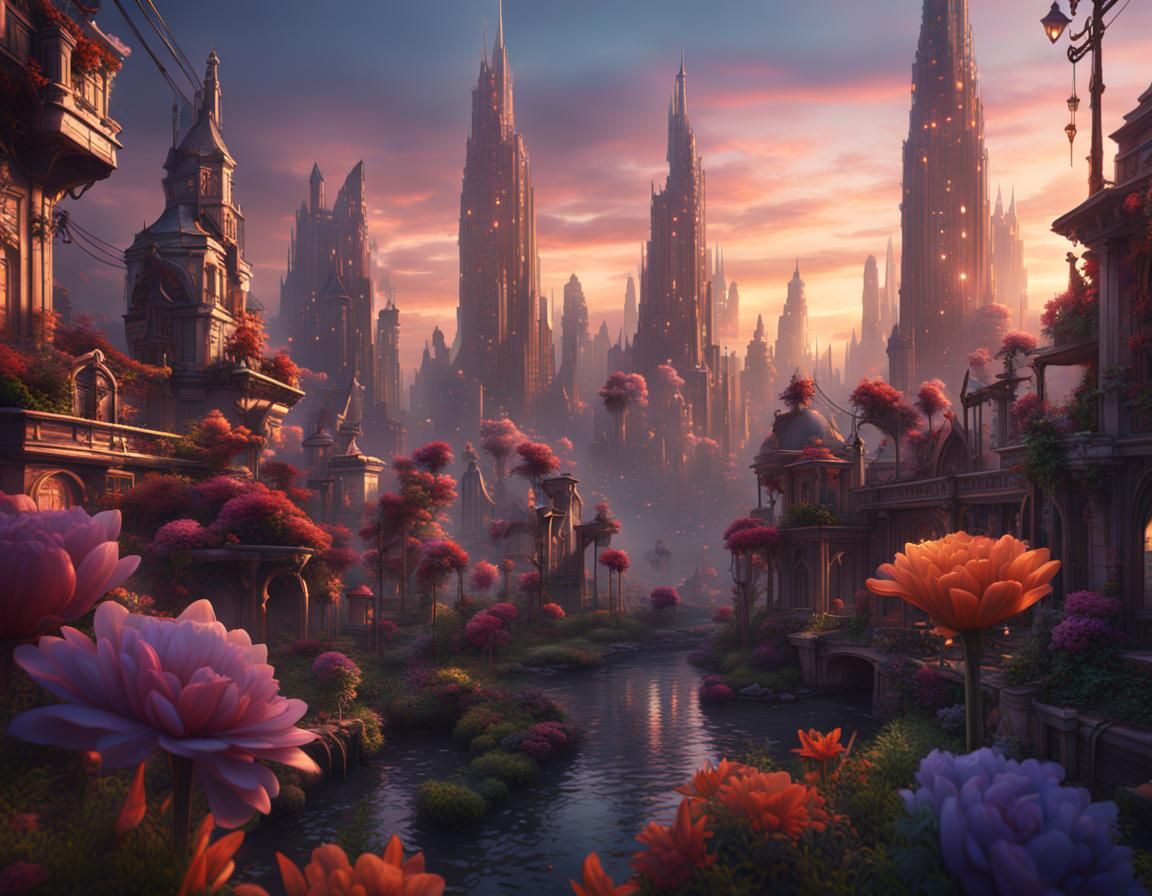Fantastic Flower City at Dawn: Digital Matte Painting